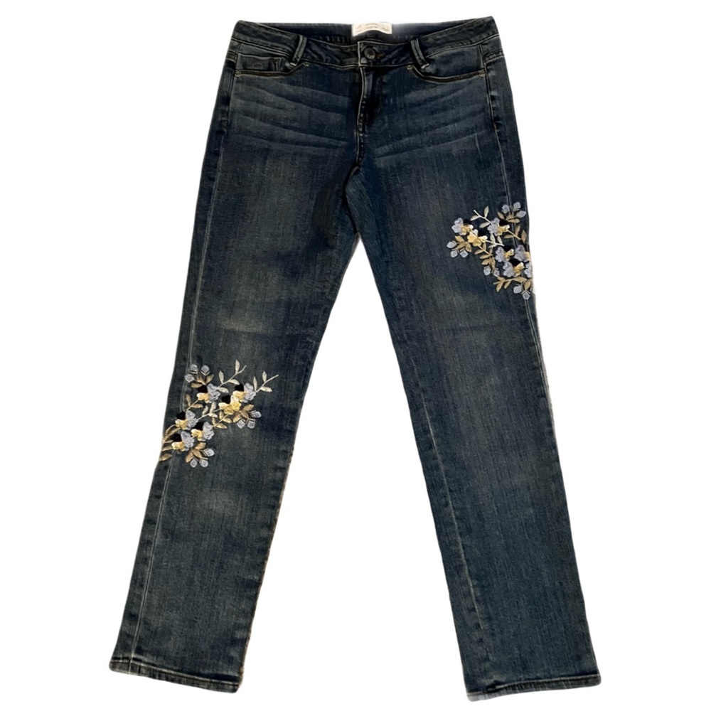J. Jill Dark Wash Jeans with Blue and Yellow Floral Embroidery
